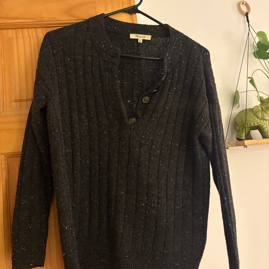 Madewell Bowden Henley Charcoal Speckled Sweater, Crew Neck, Soft Knit, X-Small